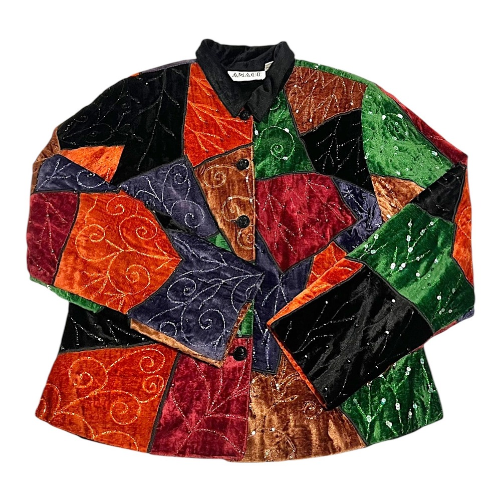 ANAGE Womens Patchwork Velvet Sequins Jacket Blazer Orange Green Black L